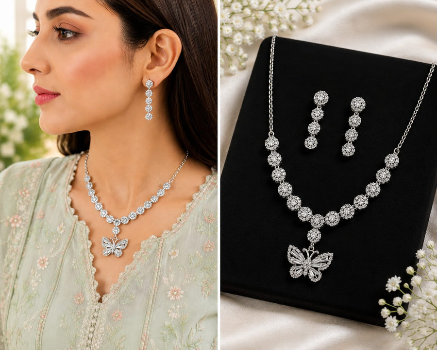 Silver crystal butterfly necklace and matching earrings jewellery set
