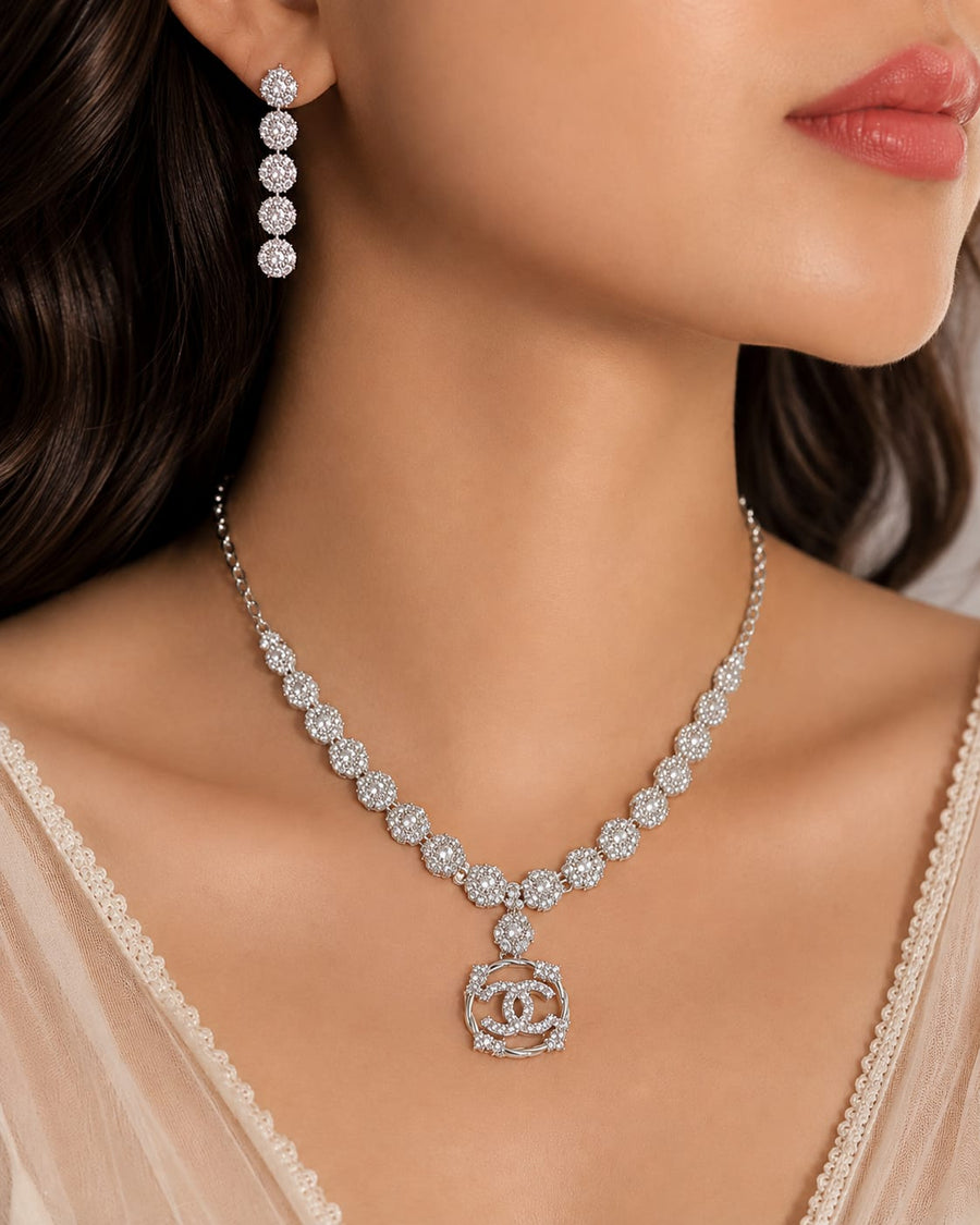Silver crystal round pendant necklace and earring jewellery set