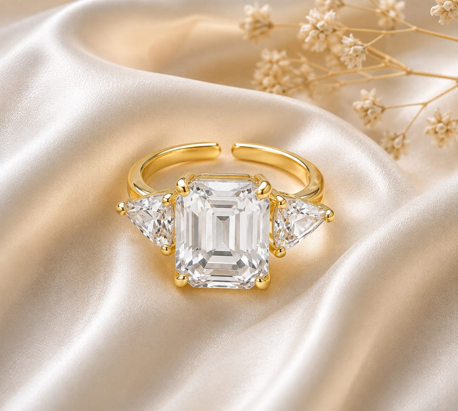 Emerald Cut Gold Ring with Trillion Side Stones