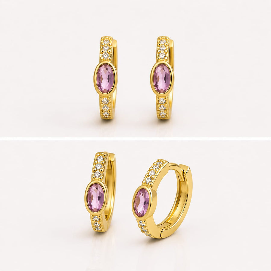 Gold Huggie Hoops with Pink Stone