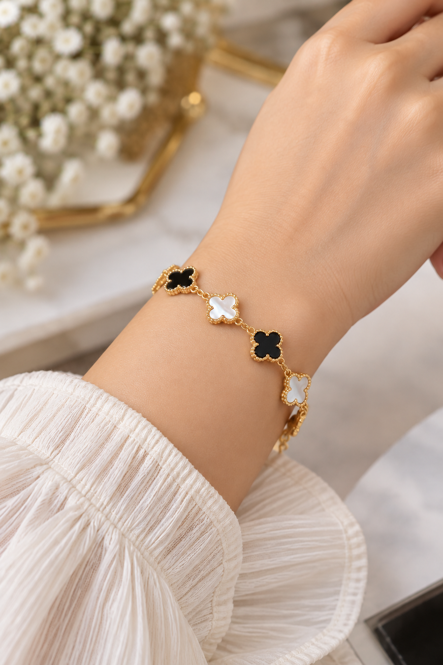 Gold & Black Clover Bracelet for Women | Elegant Floral Charm Bracelet