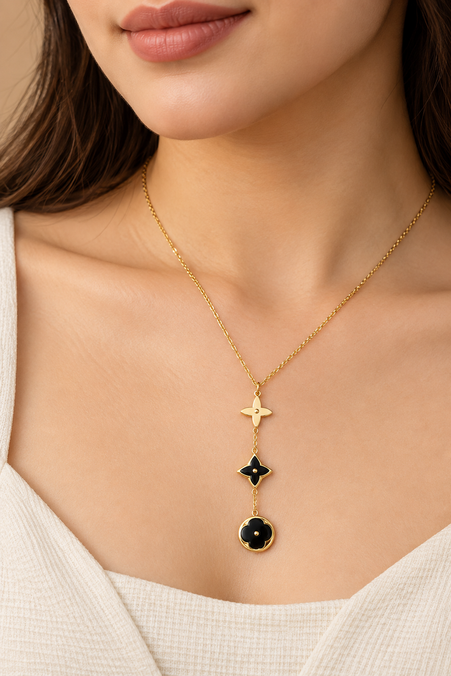 Golden & Black Floral Y Necklace – Elegant Statement Jewellery