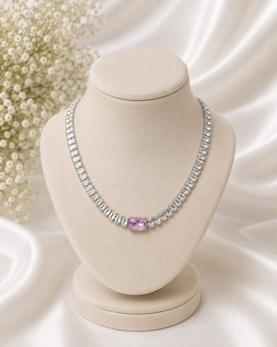 Silver baguette crystal statement chain necklace with pink center stone