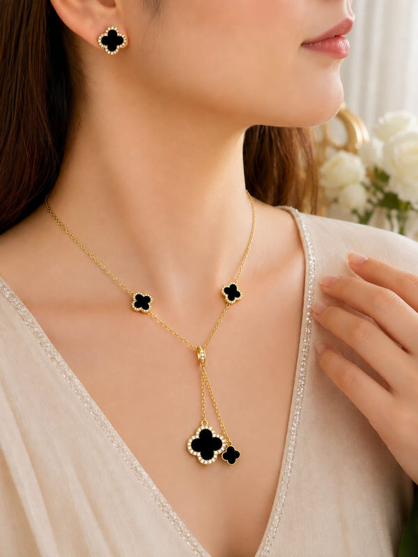 Black clover gold necklace and earring jewellery set