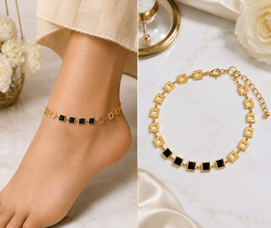 Black square stone gold anklet worn on ankle and product display