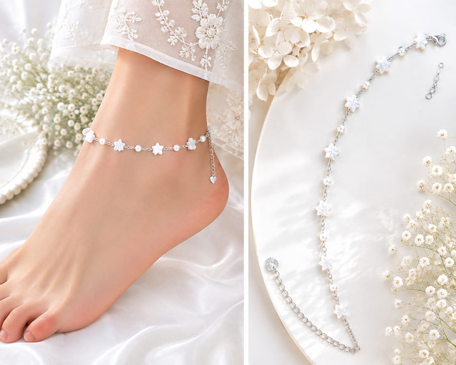 White butterfly pearl charm anklet worn on ankle