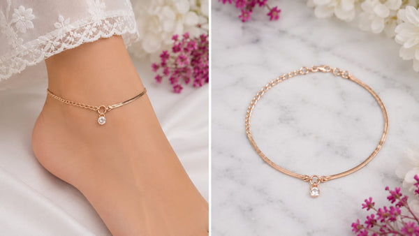 Rose gold minimalist crystal anklet worn on ankle and product display