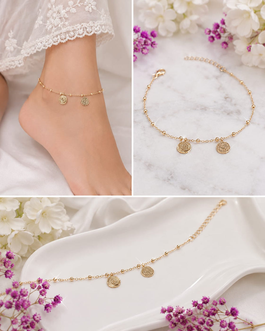 Gold coin charm delicate anklet worn on ankle and product display