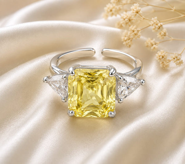 Citrine Yellow Silver Ring with Trillion Accents