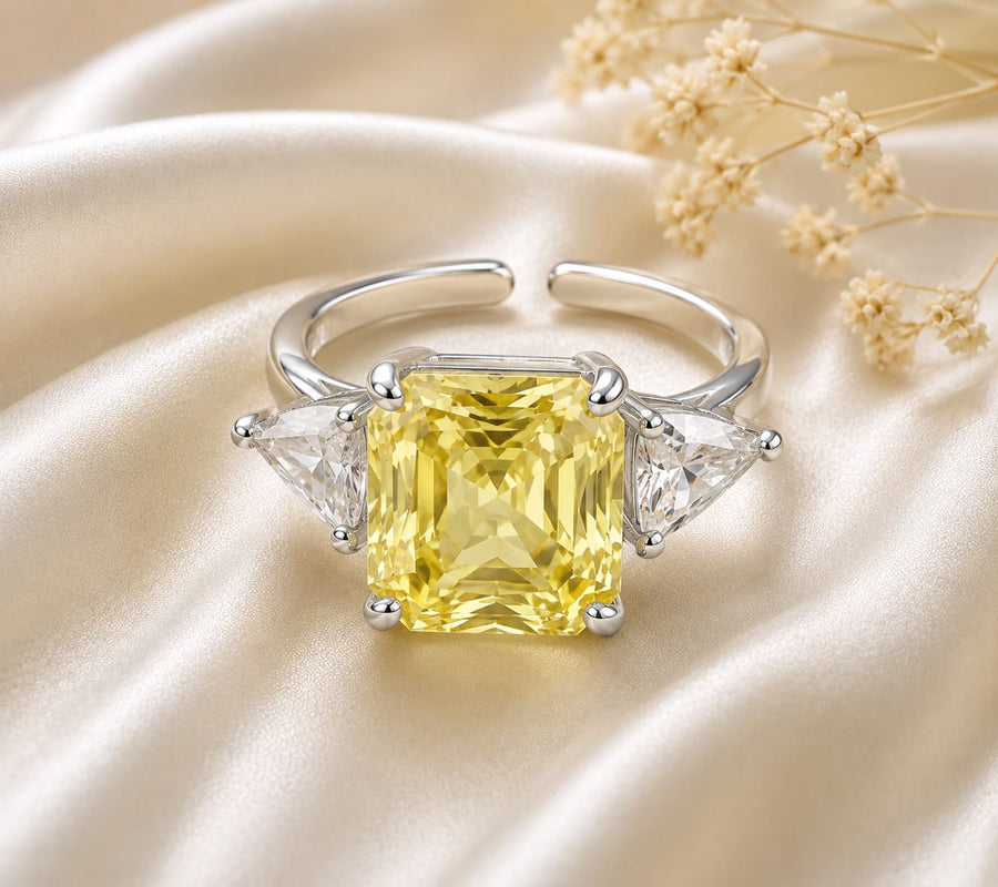 Citrine Yellow Silver Ring with Trillion Accents