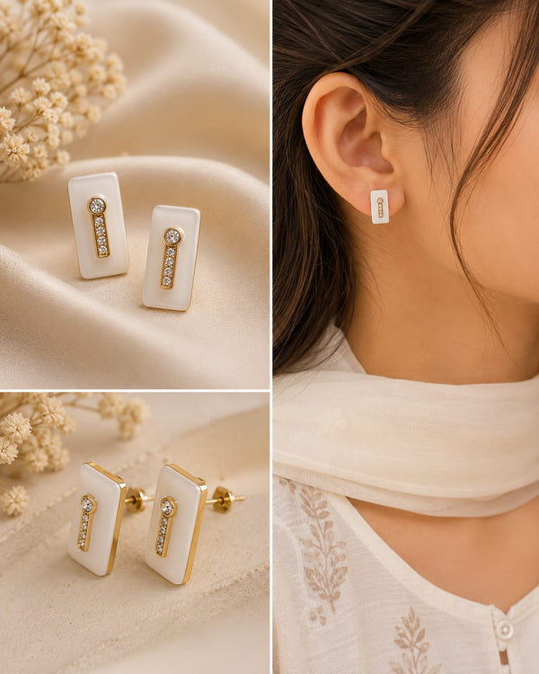 Elegant White & Gold Rectangular Crystal Stud Earrings – earrings for women by MM Royal Pakistan