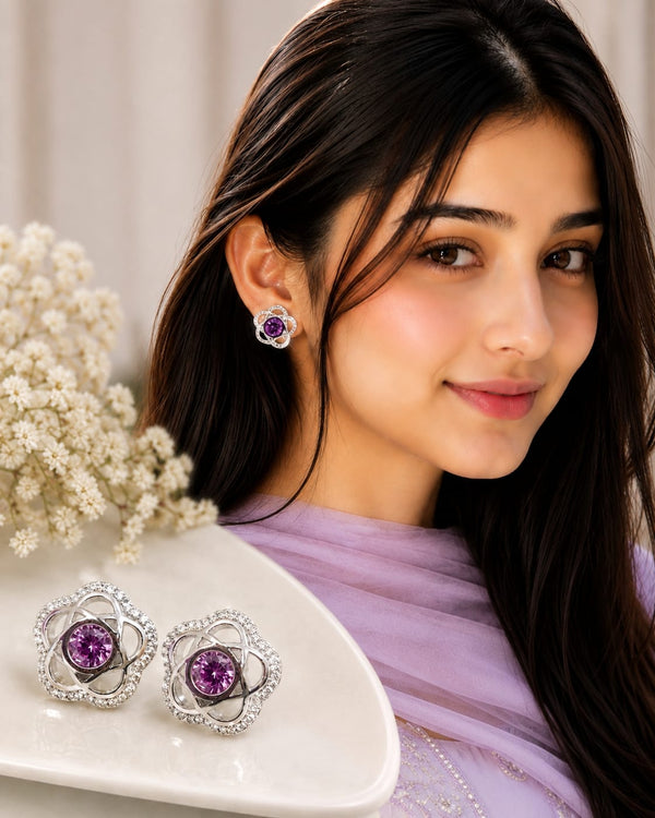 Silver Rose Flower Stud Earrings - Purple