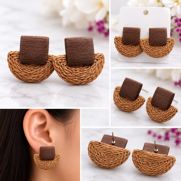 Wood & Woven Rattan Drop Earrings - Brown