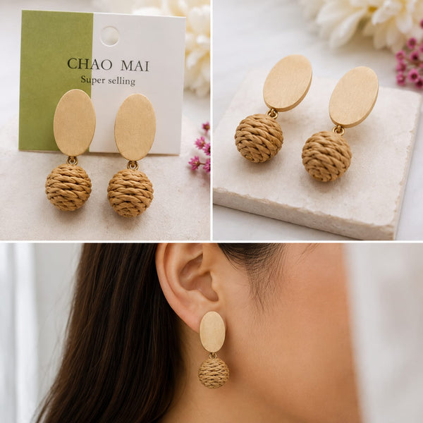 Wood & Rattan Ball Drop Earrings