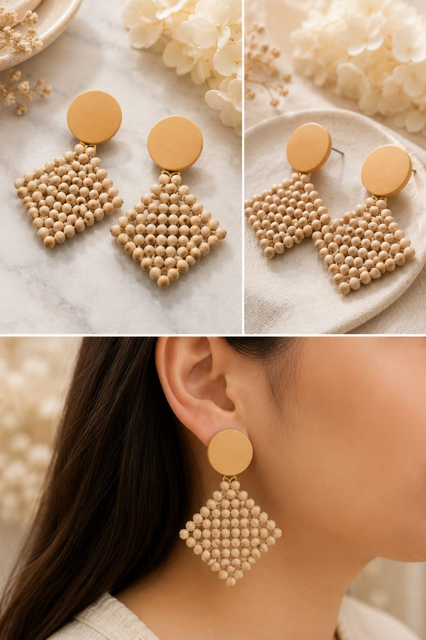 Wood Bead Diamond Drop Earrings