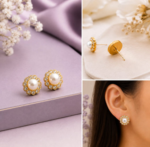 Gold Pearl Flower Stud Earrings
