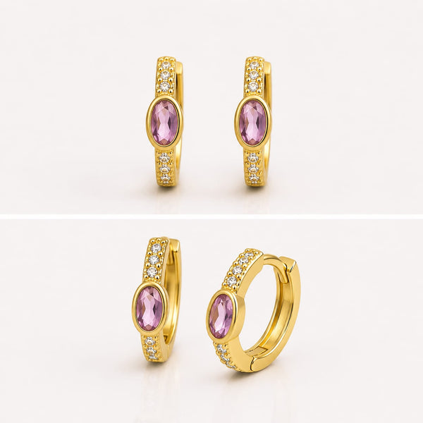 Gold Huggie Hoops with Pink Stone