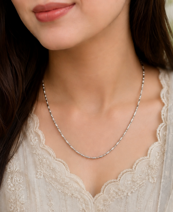 Elegant Minimalist Silver-Tone Beaded Chain Necklace for Women | MMRoyal