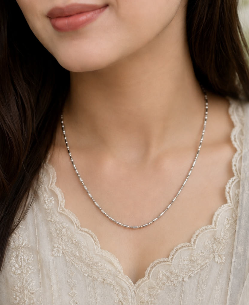 Elegant Minimalist Silver-Tone Beaded Chain Necklace for Women | MMRoyal
