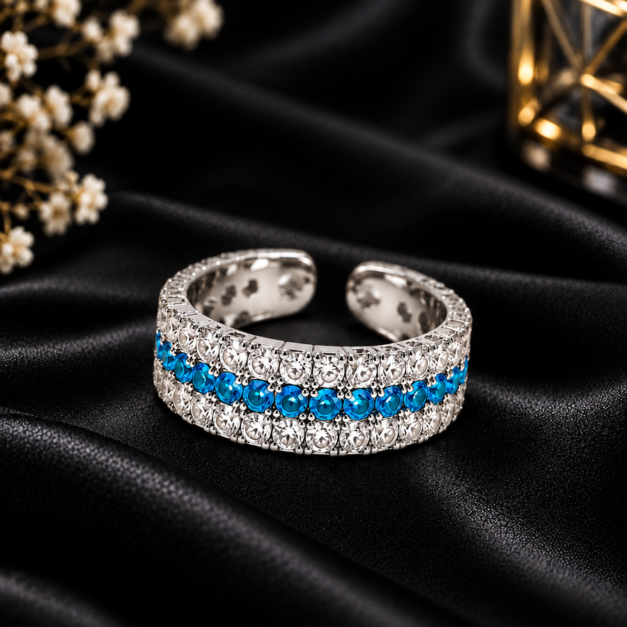 Silver Cuff Ring with Blue Topaz Pave